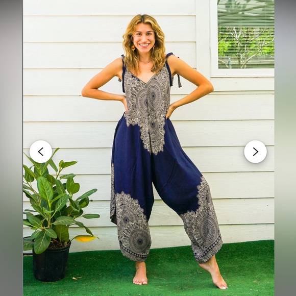 Pants - Elegant Navy and Cream Paisley Boho Jumpsuit